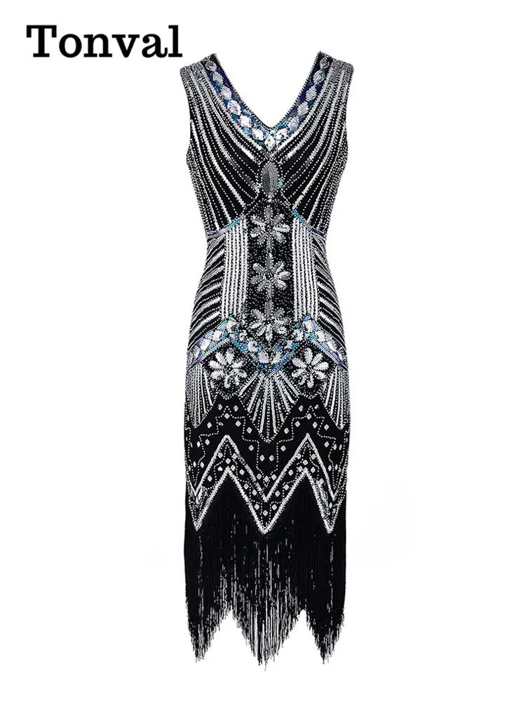 Tonval 1920s Party Women Flapper Dress V-Neck Sleeveless Sequin and Beaded High Waist Evening Cocktail Midi Dresses
Tonval 1920s Party Women Flapper Dress V-Neck Sleeveless Sequin and Beaded High Waist Evening Cocktail Midi Dresses