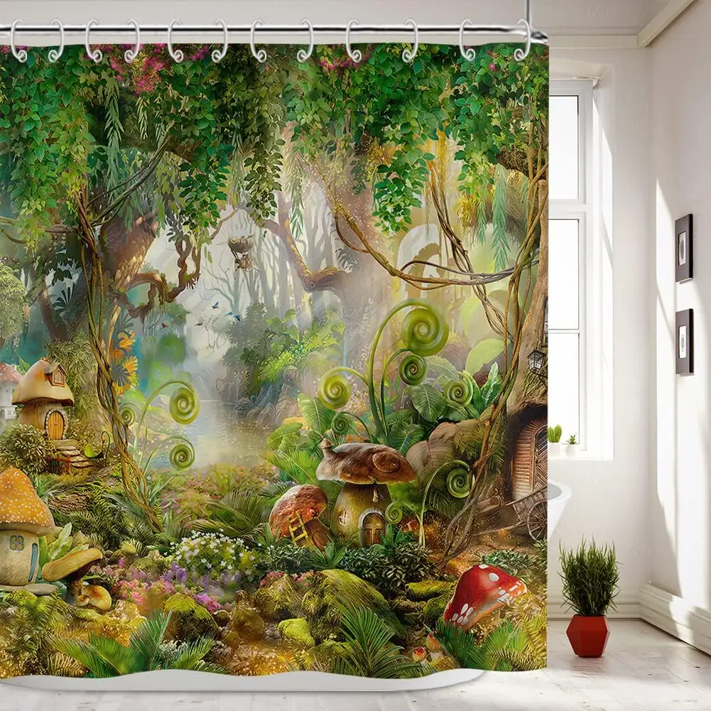 Fairy Tale Forest Mushroom House Shower Curtain with Enchanted Trees Spiral Vines and Whimsical Cottages for Kids Bathroom Decor
Fairy Tale Forest Mushroom House Shower Curtain with Enchanted Trees Spiral Vines and Whimsical Cottages for Kids Bathroom Decor