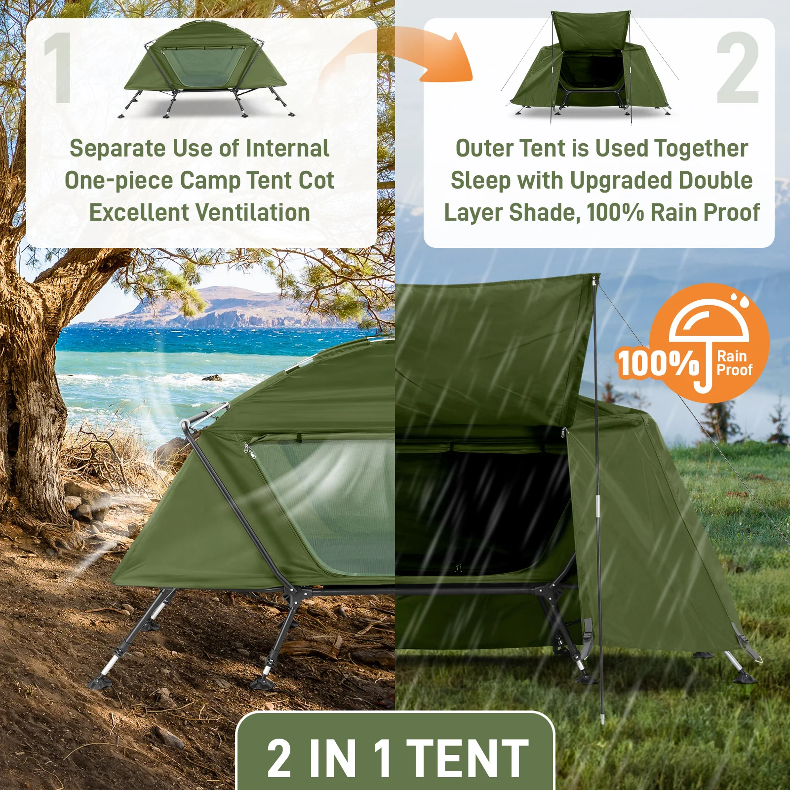 84.6 * 34.5 * 49.2In army green, with outer tent, storage bag, adjustable feet, iron bracket, camping tent, with camp bed
84.6 * 34.5 * 49.2In army green, with outer tent, storage bag, adjustable feet, iron bracket, camping tent, with camp bed