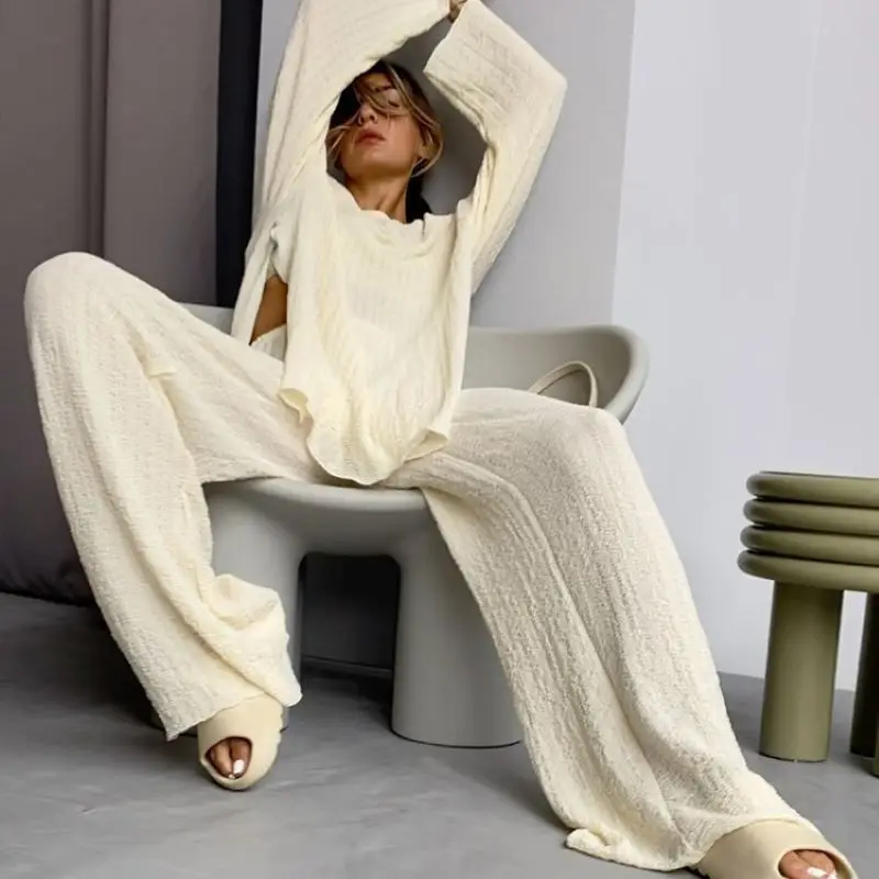 Fashion Long Sleeve Blouses Womens 2 Pieces Sets Casual Loose Slit Wide Trouser Suits Casual Female Set
Fashion Long Sleeve Blouses Womens 2 Pieces Sets Casual Loose Slit Wide Trouser Suits Casual Female Set