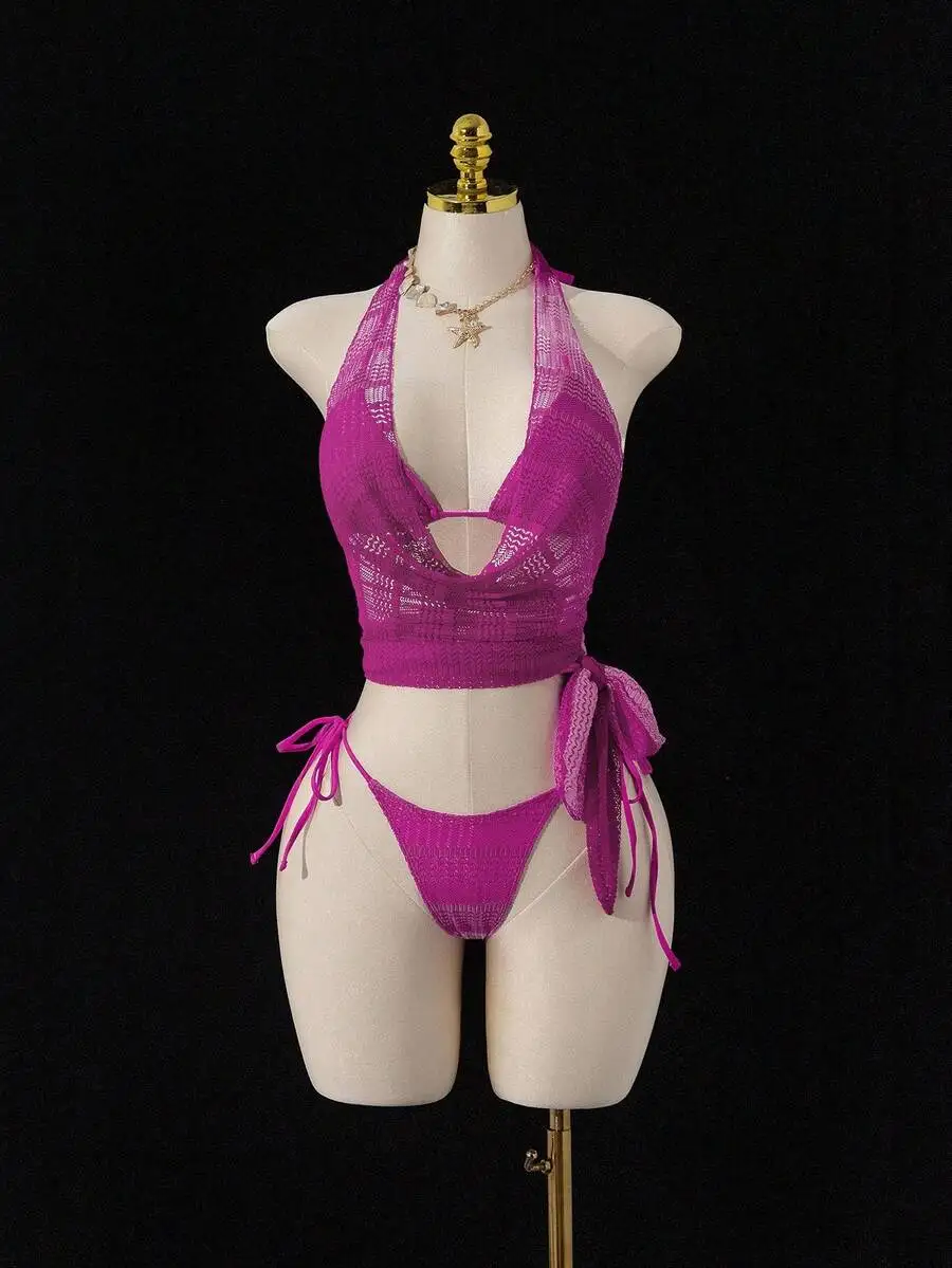 Purple Mesh Halter Neck Bikini Set With Side Tie Thong Bottom
Purple Mesh Halter Neck Bikini Set With Side Tie Thong Bottom