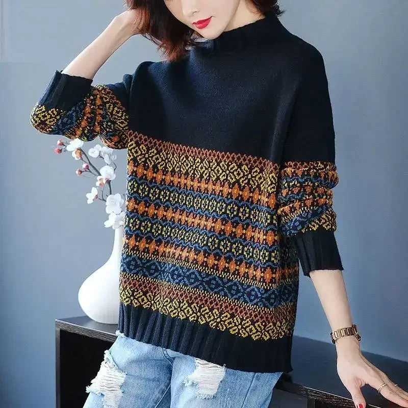 Vintage Ethnic Style Jacquard Knitted Sweaters Autumn Winter Korean Fashion Half High Collar Long Sleeve Tops Loose Jumper V1608
Vintage Ethnic Style Jacquard Knitted Sweaters Autumn Winter Korean Fashion Half High Collar Long Sleeve Tops Loose Jumper V1608
