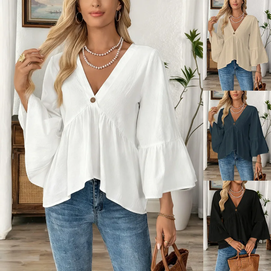 Sweet Style V-neck Blouse Ruffle Sleeves Loose Fit Women's Shirt Cotton Material Floral Print Seven-quarter Sleeve Length
Sweet Style V-neck Blouse Ruffle Sleeves Loose Fit Women's Shirt Cotton Material Floral Print Seven-quarter Sleeve Length