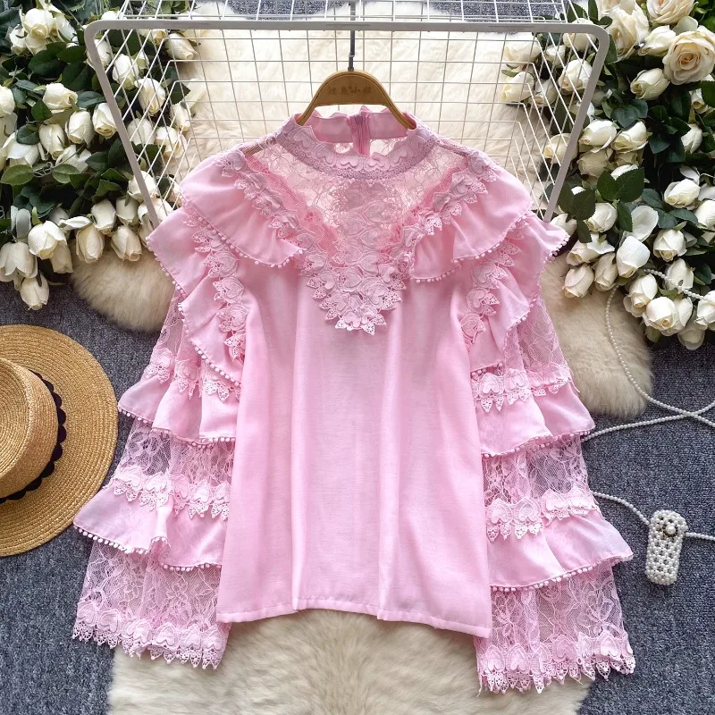 Vintage Elegant Stand Collar Shirt Women Summer Mesh Hollow Out Fashion Blouses Loose Long Sleeve Sweet Pink Tops Mujer
Vintage Elegant Stand Collar Shirt Women Summer Mesh Hollow Out Fashion Blouses Loose Long Sleeve Sweet Pink Tops Mujer