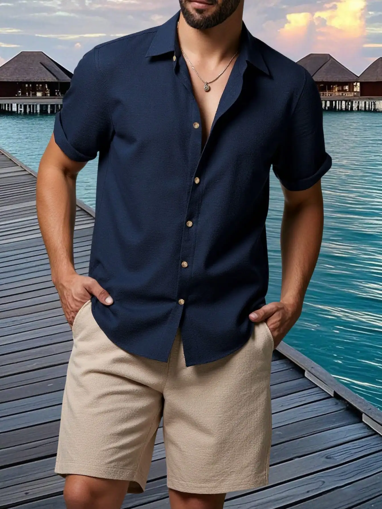 Mens Short Sleeve Button-Up Shirt And Shorts Set For Summer Beach Vacation
Mens Short Sleeve Button-Up Shirt And Shorts Set For Summer Beach Vacation