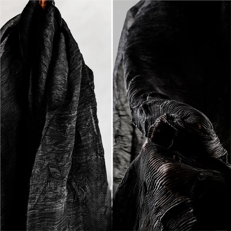 Thin black pleated vintage translucent stretch outerwear dress made of designer fabric
Thin black pleated vintage translucent stretch outerwear dress made of designer fabric