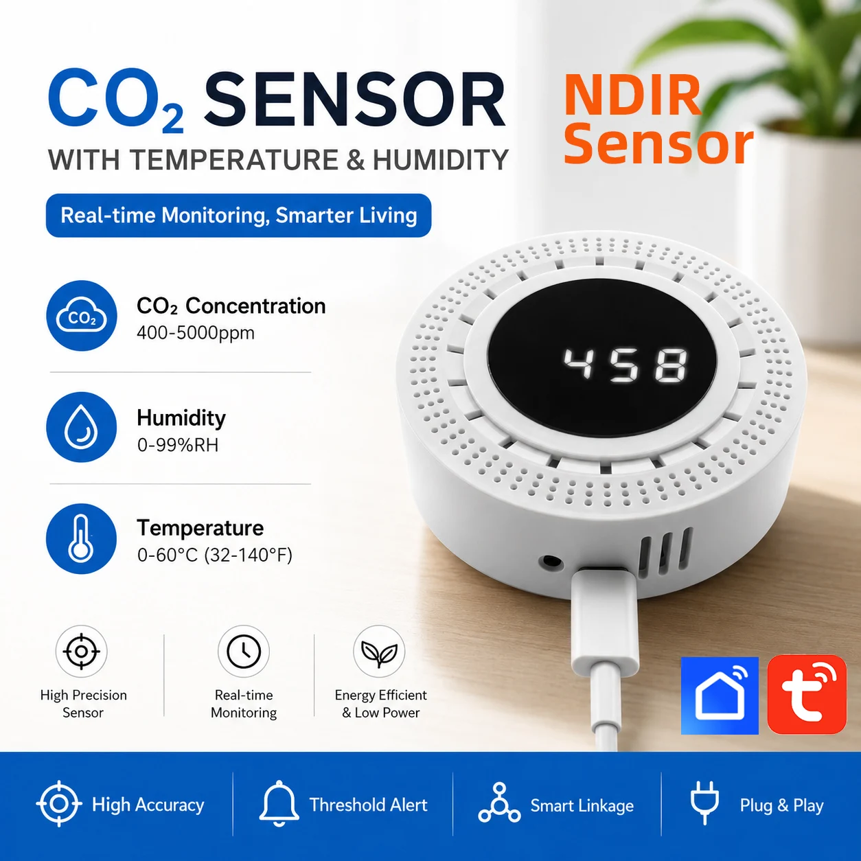 Tuya CO2 Sensor Meter NDIR Temperature and Humidity Detection Carbon Dioxide Detector Air Quality Home Use Smart Life APP
Tuya CO2 Sensor Meter NDIR Temperature and Humidity Detection Carbon Dioxide Detector Air Quality Home Use Smart Life APP