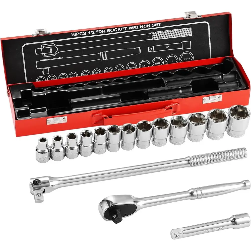 16-Piece 1/2 Drive Socket Wrench Set with SAE Sockets, Breaker Bar, Ratchet, and Extension
16-Piece 1/2 Drive Socket Wrench Set with SAE Sockets, Breaker Bar, Ratchet, and Extension