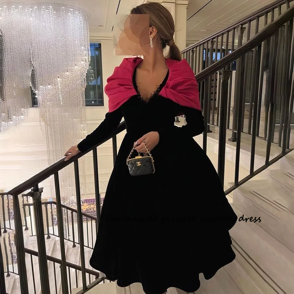 Black Velvet A Line Saudi Arabic Evening Dresses Pink Satin V Neck Elegant Dubai Prom Party Dress Tea Length Women Evening Gowns
Black Velvet A Line Saudi Arabic Evening Dresses Pink Satin V Neck Elegant Dubai Prom Party Dress Tea Length Women Evening Gowns