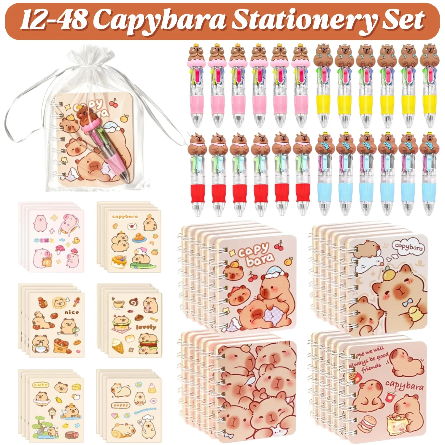 12/24Set Capybara Gifts Bulk,Capybara Stationery Set 4-in-1 Ballpoint Pens,Stickers,Notepads,Organza Bulk Gifts Set for School
12/24Set Capybara Gifts Bulk,Capybara Stationery Set 4-in-1 Ballpoint Pens,Stickers,Notepads,Organza Bulk Gifts Set for School