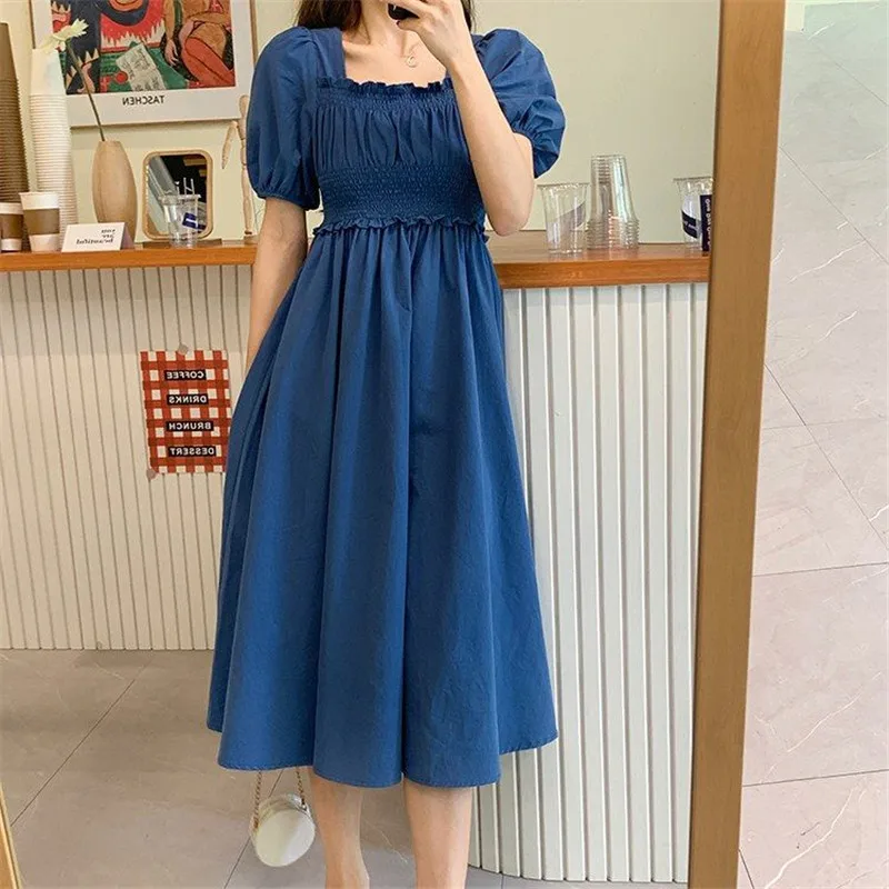 Short Sleeve Dress Women Summer Solid Pleated Square Collar Mid-calf Elegant Korean Simple Leisure Loose Preppy Womens A-line BF
Short Sleeve Dress Women Summer Solid Pleated Square Collar Mid-calf Elegant Korean Simple Leisure Loose Preppy Womens A-line BF