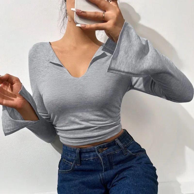 Fashion Women's Clothing Autumn/winter Sexy Large V-neck Slim Fit Short Pleated Flared Sleeves Long Sleeved T-shirt Top YSQ39
Fashion Women's Clothing Autumn/winter Sexy Large V-neck Slim Fit Short Pleated Flared Sleeves Long Sleeved T-shirt Top YSQ39