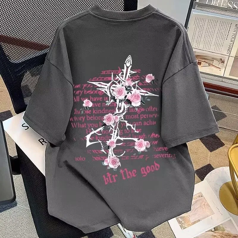 American retro high street ruffian handsome cross print short sleeved t-shirt for men and women summer loose half sleeved top
American retro high street ruffian handsome cross print short sleeved t-shirt for men and women summer loose half sleeved top