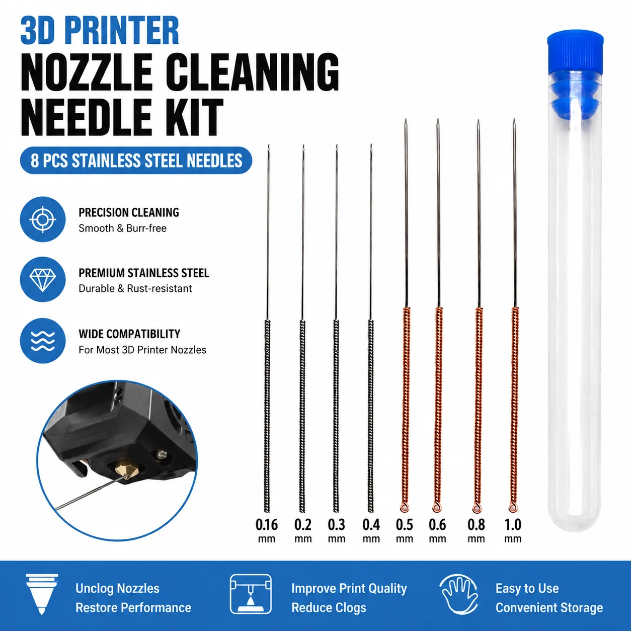 3D Printer Nozzle Cleaning Kit 0.16/0.2/0.3/0.4/0.5/0.6/0.8mm/1.0mm Stainless Steel Nozzles Clean Needles 3D Printing Parts
3D Printer Nozzle Cleaning Kit 0.16/0.2/0.3/0.4/0.5/0.6/0.8mm/1.0mm Stainless Steel Nozzles Clean Needles 3D Printing Parts