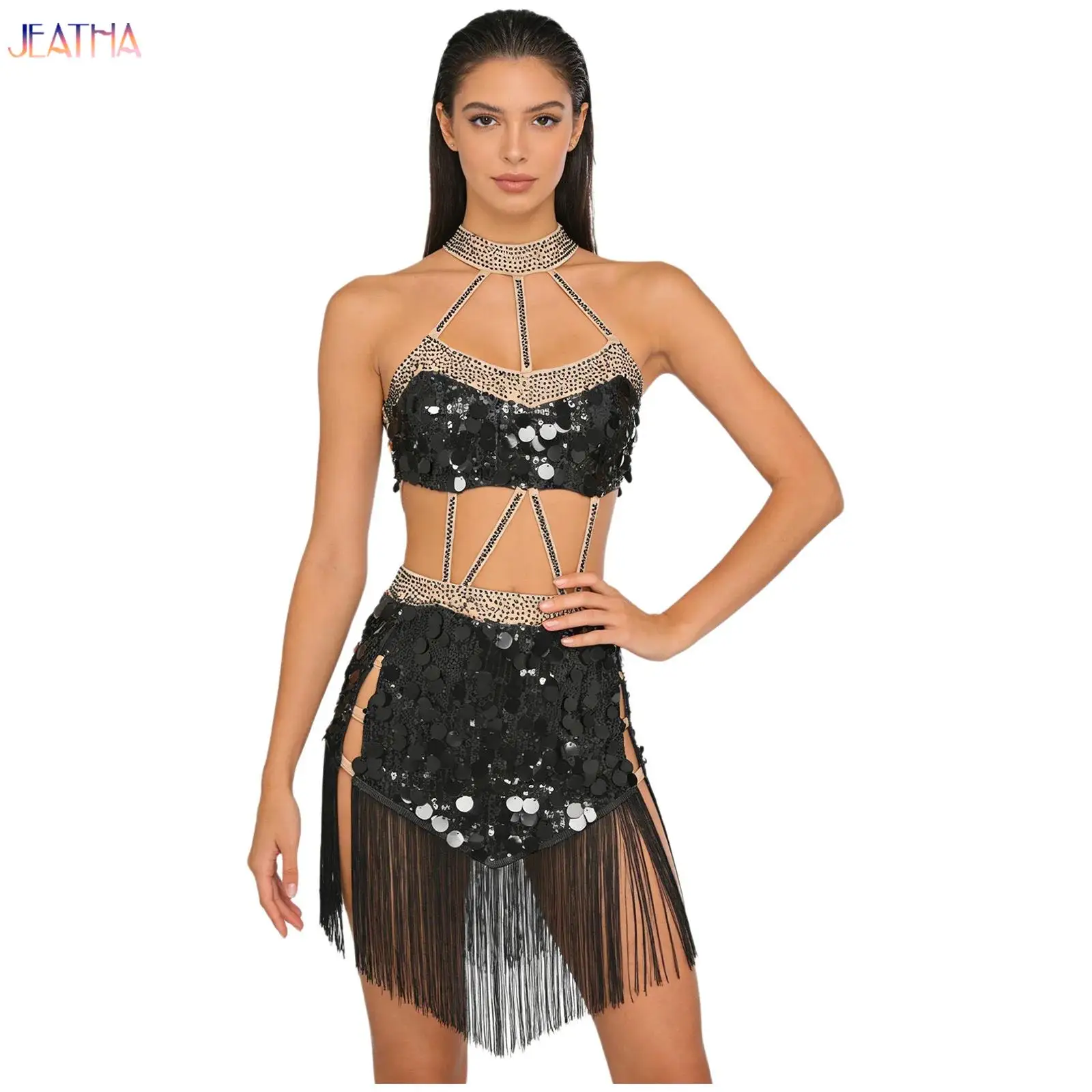 Lady Latin Jazz Rumba Dance Costume Tassel Leotard Dress Womens Glittery Rhinestones Halter Dance Dress for Samba Salsa Wear
Lady Latin Jazz Rumba Dance Costume Tassel Leotard Dress Womens Glittery Rhinestones Halter Dance Dress for Samba Salsa Wear