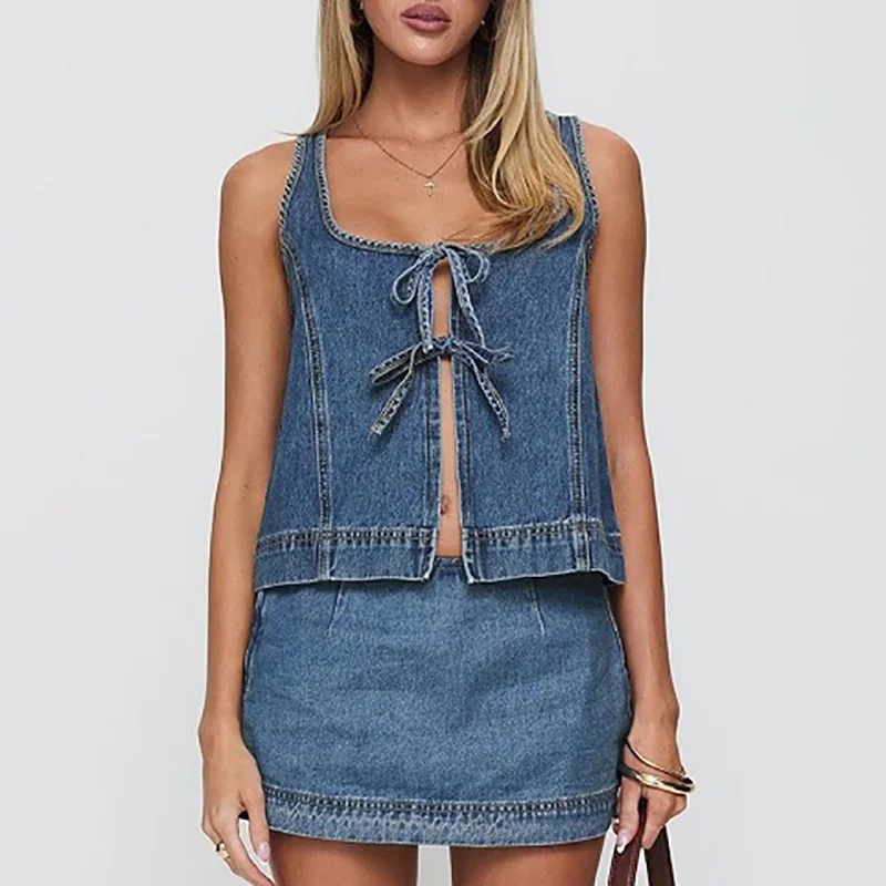 Sexy Sleeveless Hollow Lace Up Tops&Wrap Hips Skirts Sets Fashion Solid Color Denim 2 Piece Set Summer New Streetwear For Women
Sexy Sleeveless Hollow Lace Up Tops&Wrap Hips Skirts Sets Fashion Solid Color Denim 2 Piece Set Summer New Streetwear For Women
