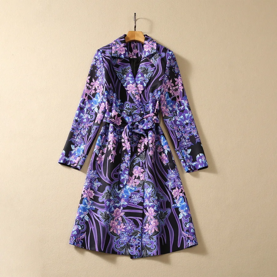 European and American women's clothing 2023 autumn new Long sleeve suit collar purple print Fashion belt trench coat
European and American women's clothing 2023 autumn new Long sleeve suit collar purple print Fashion belt trench coat