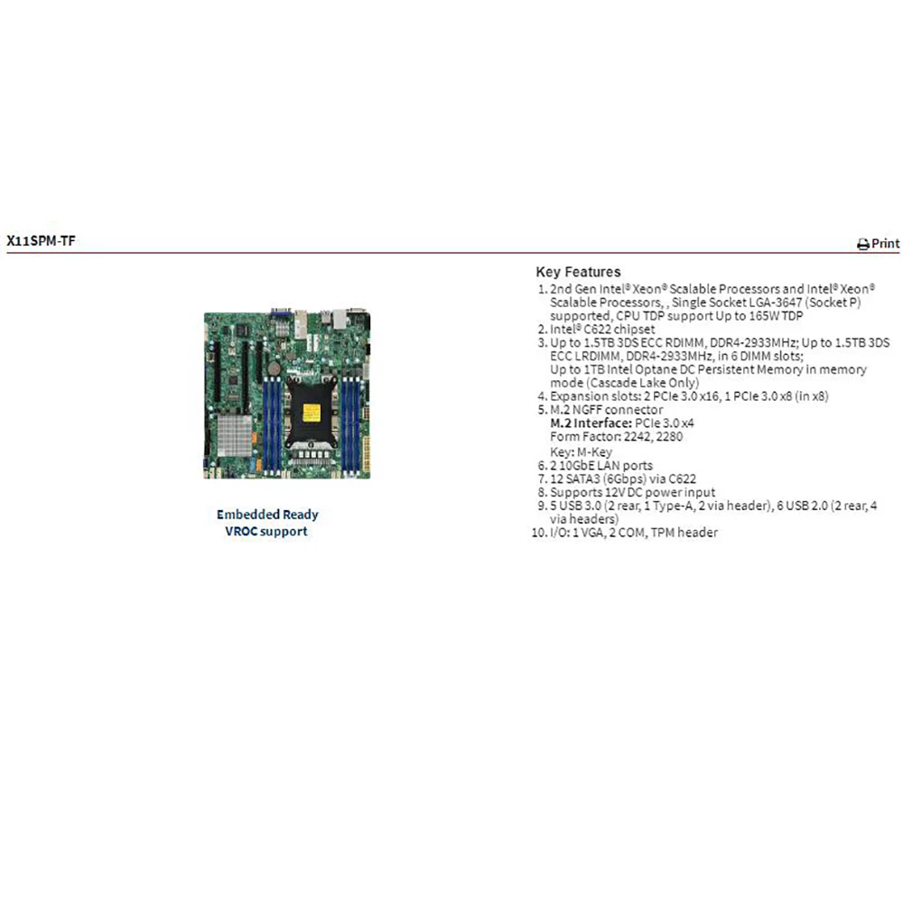 Xeon Scalable Processors LGA-3647 DDR4 For Supermicro ATX Motherboard X11SPM-TF
Xeon Scalable Processors LGA-3647 DDR4 For Supermicro ATX Motherboard X11SPM-TF