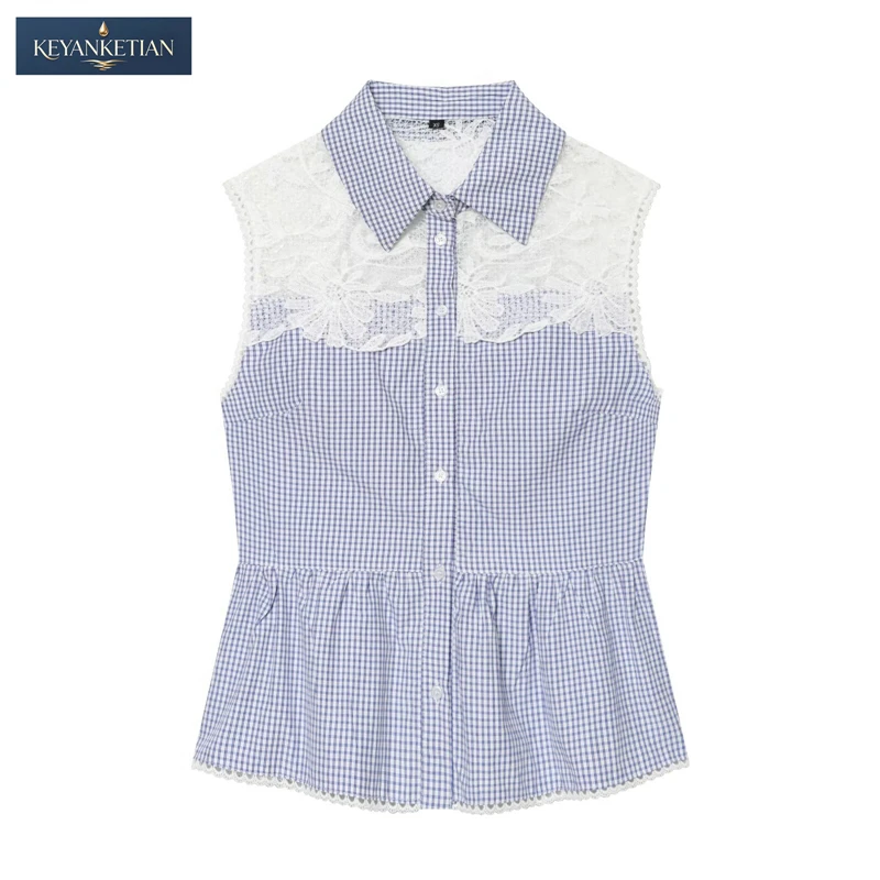 KEYANKETIAN 2026 Cottagecore Casual Plaid Sleeveless Shirt Slim Fit Lapel Collar, Floral Lace Yoke & Peplum Check Blouse Top
KEYANKETIAN 2026 Cottagecore Casual Plaid Sleeveless Shirt Slim Fit Lapel Collar, Floral Lace Yoke & Peplum Check Blouse Top