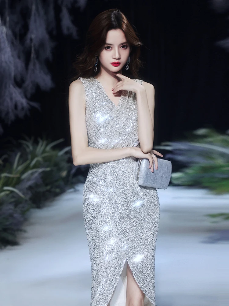 Silver Evening Gown Women's Par Dr Luxury Sensation Mid-Waist Long Skirt Sle V-Ne Svel Glitter Detailing
Silver Evening Gown Women's Par Dr Luxury Sensation Mid-Waist Long Skirt Sle V-Ne Svel Glitter Detailing