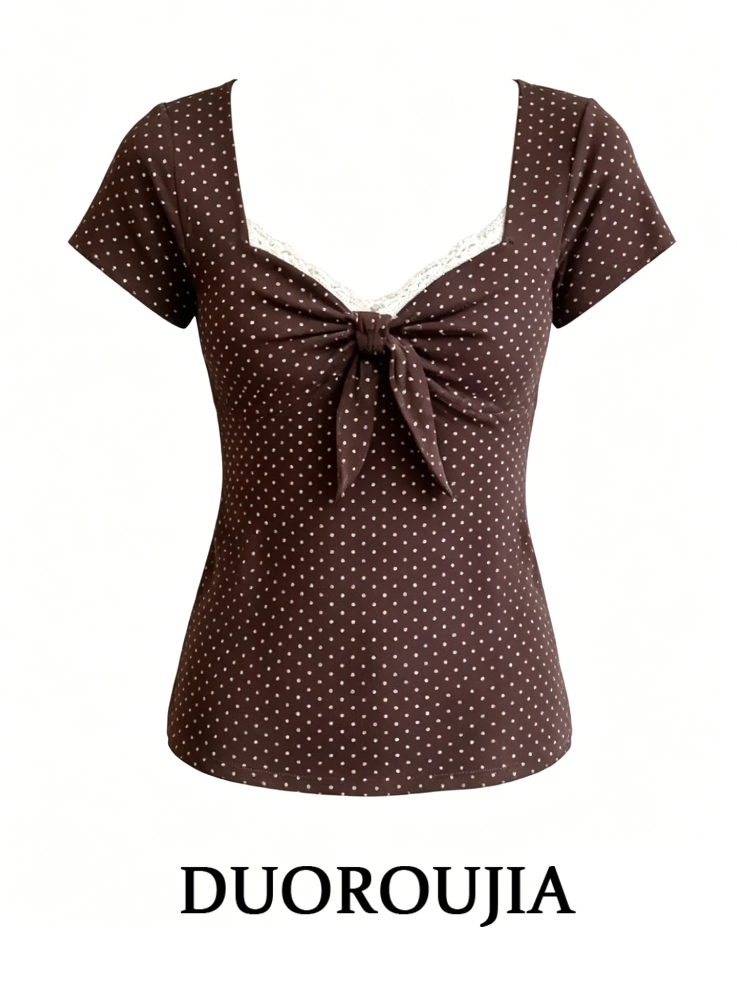 Slim Fit Polka Dot Lace Knot Short Sleeve T-Shirt Women's Summer plus Size Korean Style Printed High Waist Top
Slim Fit Polka Dot Lace Knot Short Sleeve T-Shirt Women's Summer plus Size Korean Style Printed High Waist Top