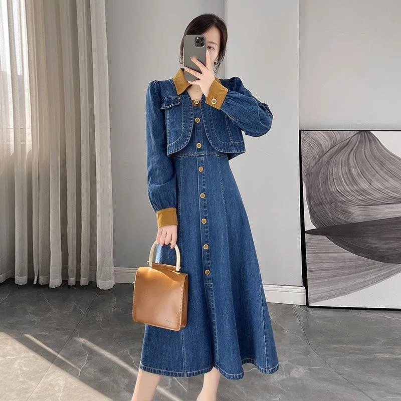 spring Summer Women Casual Long Sleeve Denim Dress 2 piece single breasted A-line Jeans Dresses Vestidos
spring Summer Women Casual Long Sleeve Denim Dress 2 piece single breasted A-line Jeans Dresses Vestidos