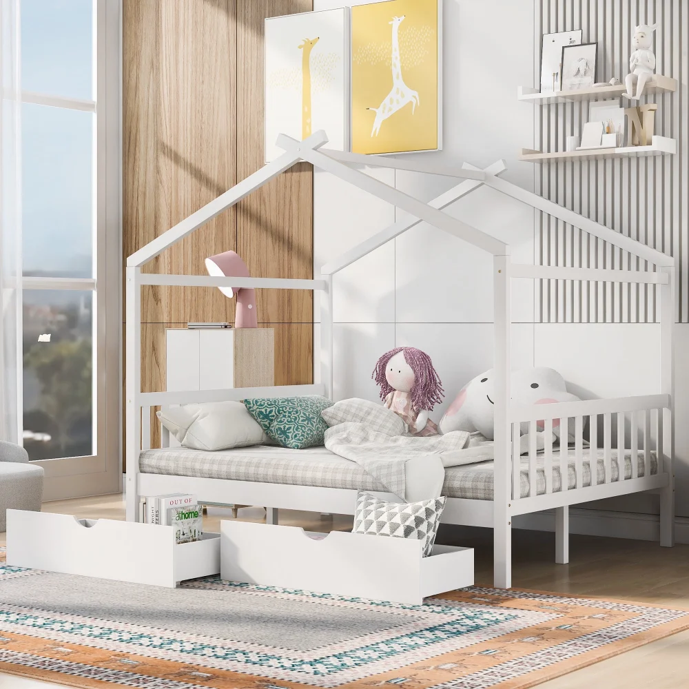 Full Size House Bed with Two Drawers for Kids, Solid Wood Platform Bed for Living Room, White Children Beds
Full Size House Bed with Two Drawers for Kids, Solid Wood Platform Bed for Living Room, White Children Beds