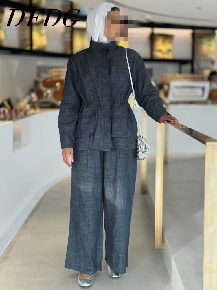 DFDG 2025 Spring Autumn Designer Linen 2 Piece Set Stand Collar Zip Up Adjustable Waist Coat High Waist Wide Leg Pants Outfits
DFDG 2025 Spring Autumn Designer Linen 2 Piece Set Stand Collar Zip Up Adjustable Waist Coat High Waist Wide Leg Pants Outfits