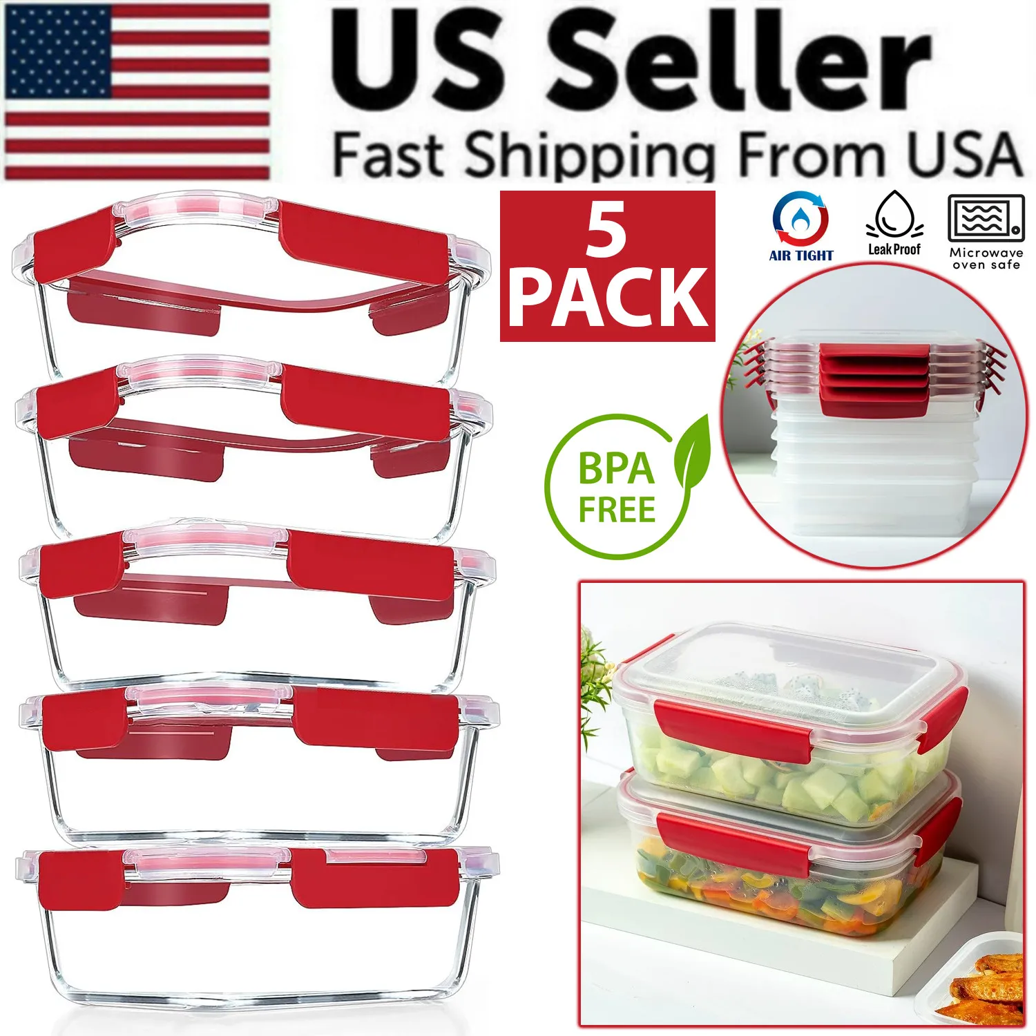5 Pack Stackable Food Storage Containers Airtight & Leakproof Set Snap Lock Lids
5 Pack Stackable Food Storage Containers Airtight & Leakproof Set Snap Lock Lids