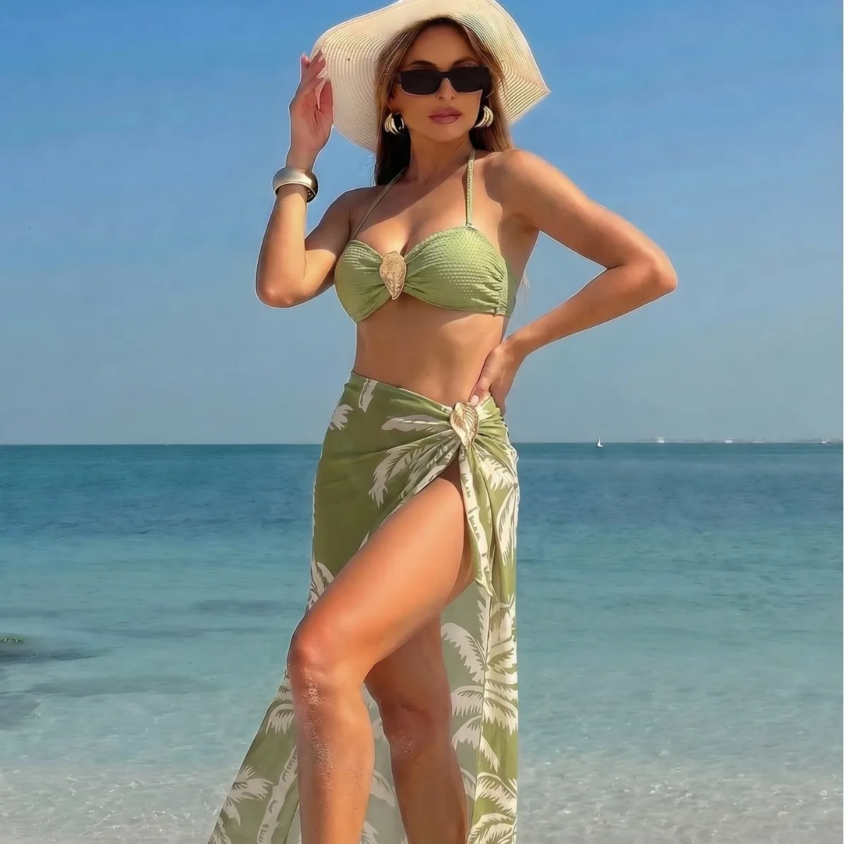 Women Olive Green Textured Halter Bikini Set Gold Shell Matching Palm Tree Print Knotted Wrap Skirt Cover Up 3 Piece Swimwear
Women Olive Green Textured Halter Bikini Set Gold Shell Matching Palm Tree Print Knotted Wrap Skirt Cover Up 3 Piece Swimwear