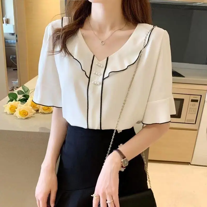 Summer Simplicity Patchwork V-neck Short Sleeve Blouse Women Clothes Korean Ruffles Chiffon Shirts Ladies Office Lady Pullover
Summer Simplicity Patchwork V-neck Short Sleeve Blouse Women Clothes Korean Ruffles Chiffon Shirts Ladies Office Lady Pullover