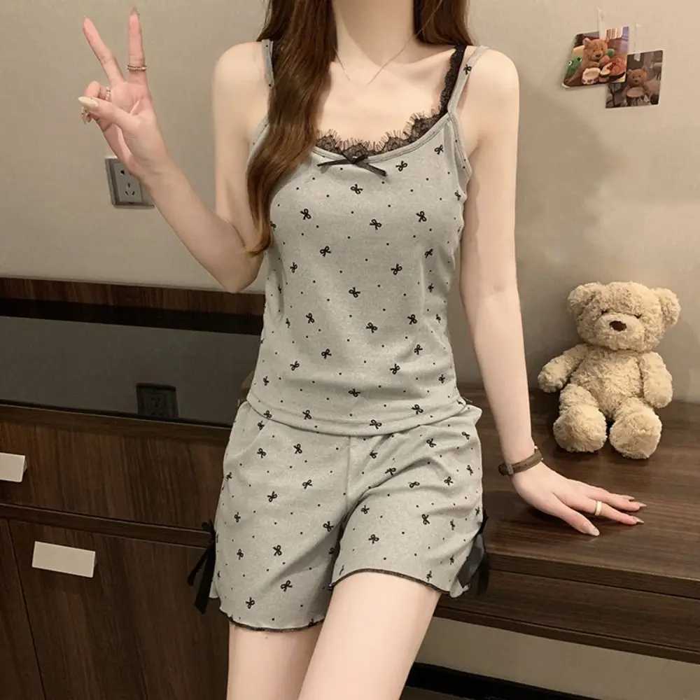 Fashion Dot Lace Bowknot Pajama Suit with Pads Square Neck Two Pieces Nightwear Slim Fit Women Homewear Lace Sleepwear Sets Home
Fashion Dot Lace Bowknot Pajama Suit with Pads Square Neck Two Pieces Nightwear Slim Fit Women Homewear Lace Sleepwear Sets Home