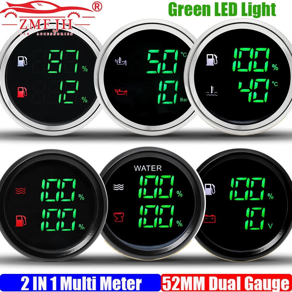 ZMFJH Digital Dual Gauge 52MM Water/Fuel/Sewage Level Gauge Water Temp Oil Press Oil Temp Voltage with Alarm Green LED Car Boat
ZMFJH Digital Dual Gauge 52MM Water/Fuel/Sewage Level Gauge Water Temp Oil Press Oil Temp Voltage with Alarm Green LED Car Boat