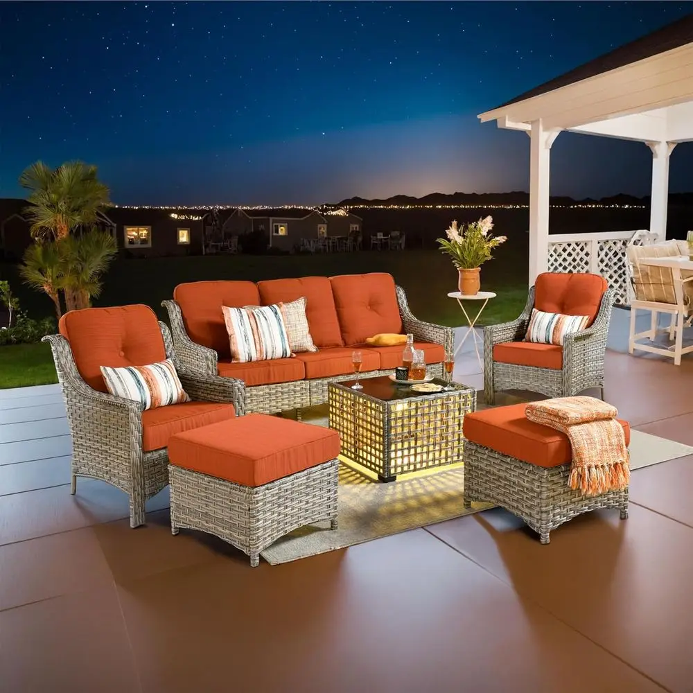 6-Piece Outdoor Patio Furniture Set with Glowing Coffee Table, High Back Couch, Ottoman, and 3-Seater Sofa in Orange
6-Piece Outdoor Patio Furniture Set with Glowing Coffee Table, High Back Couch, Ottoman, and 3-Seater Sofa in Orange