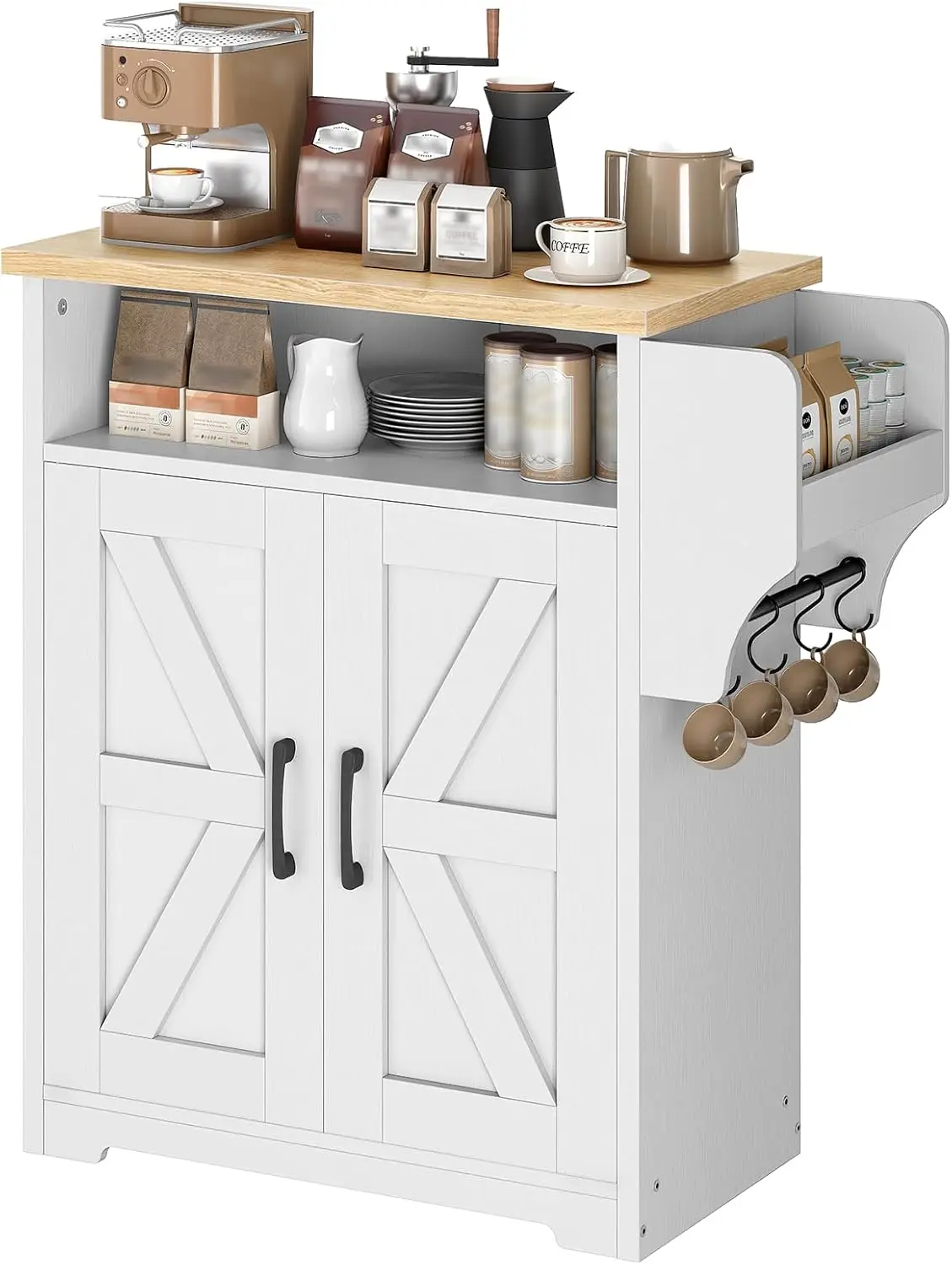 Farmhouse Coffee Bar Cabinet with Storage Shelf and Hooks, White/Natural
Farmhouse Coffee Bar Cabinet with Storage Shelf and Hooks, White/Natural