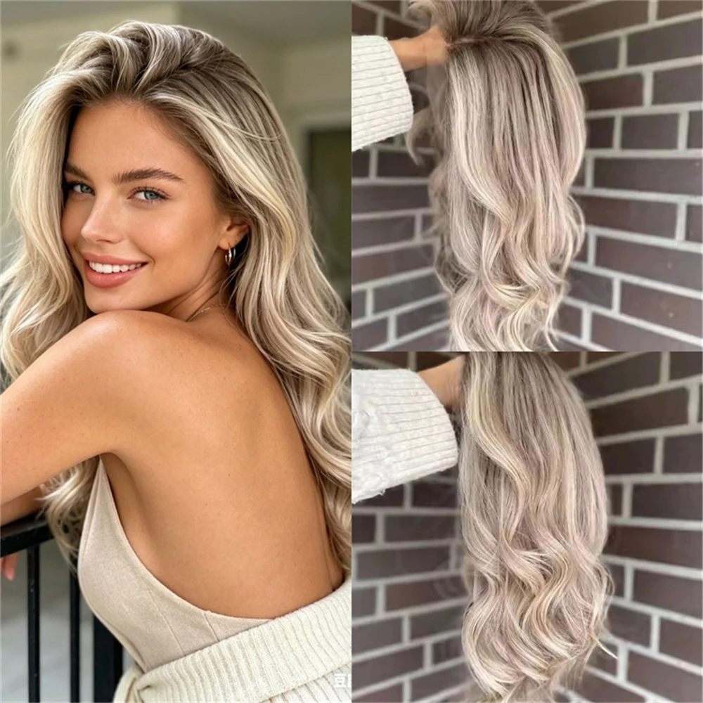 Party Wigs 13x4 Ombre Ash Platinum Blonde with Brown Streaks Colored Synthetic Lace Front Wig Preplucked Hairline with Baby Hair
Party Wigs 13x4 Ombre Ash Platinum Blonde with Brown Streaks Colored Synthetic Lace Front Wig Preplucked Hairline with Baby Hair