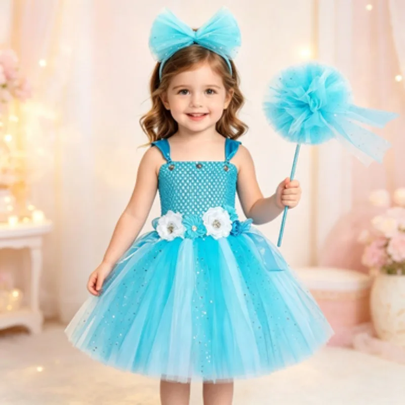 Little girls' blue elf fairy dress with shiny flower design and magic wand, kids' formal costume for Halloween and gatherings
Little girls' blue elf fairy dress with shiny flower design and magic wand, kids' formal costume for Halloween and gatherings