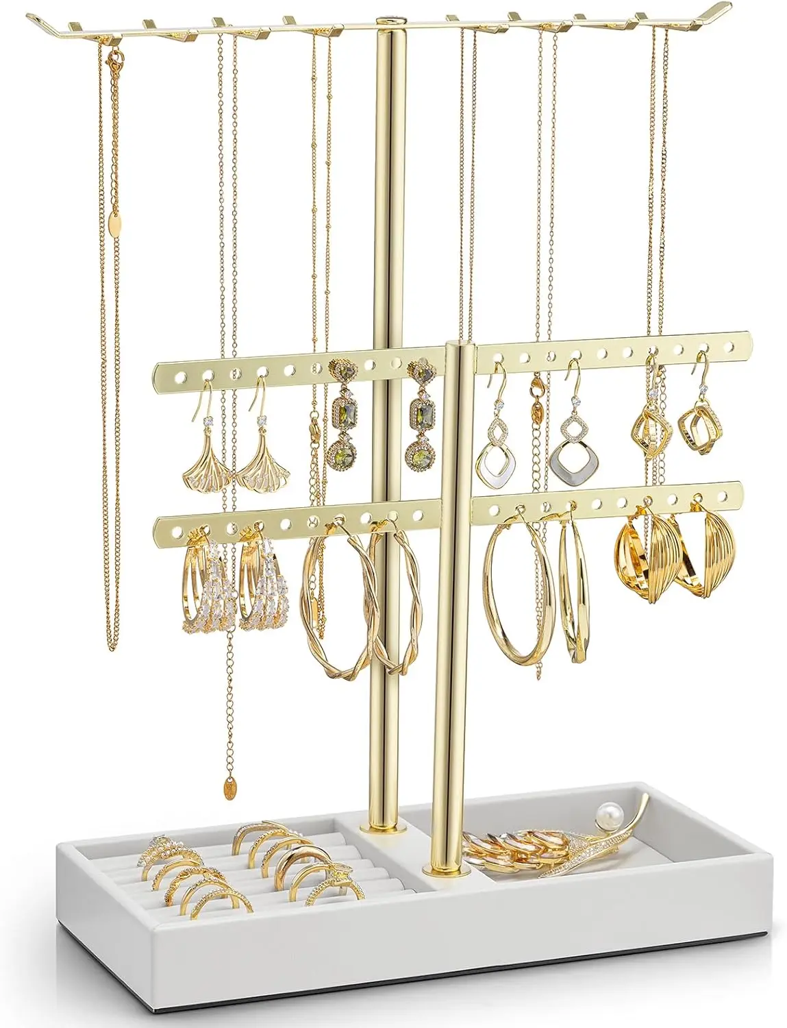 VLANDO 2 Tier Jewelry Stand Organizer with Tary, Leather Jewelry Holder Display for Women, Gold Jewlery Holder Stand for Necklace, Earring, Bracelet, Rings - White
VLANDO 2 Tier Jewelry Stand Organizer with Tary, Leather Jewelry Holder Display for Women, Gold Jewlery Holder Stand for Necklace, Earring, Bracelet, Rings - White
