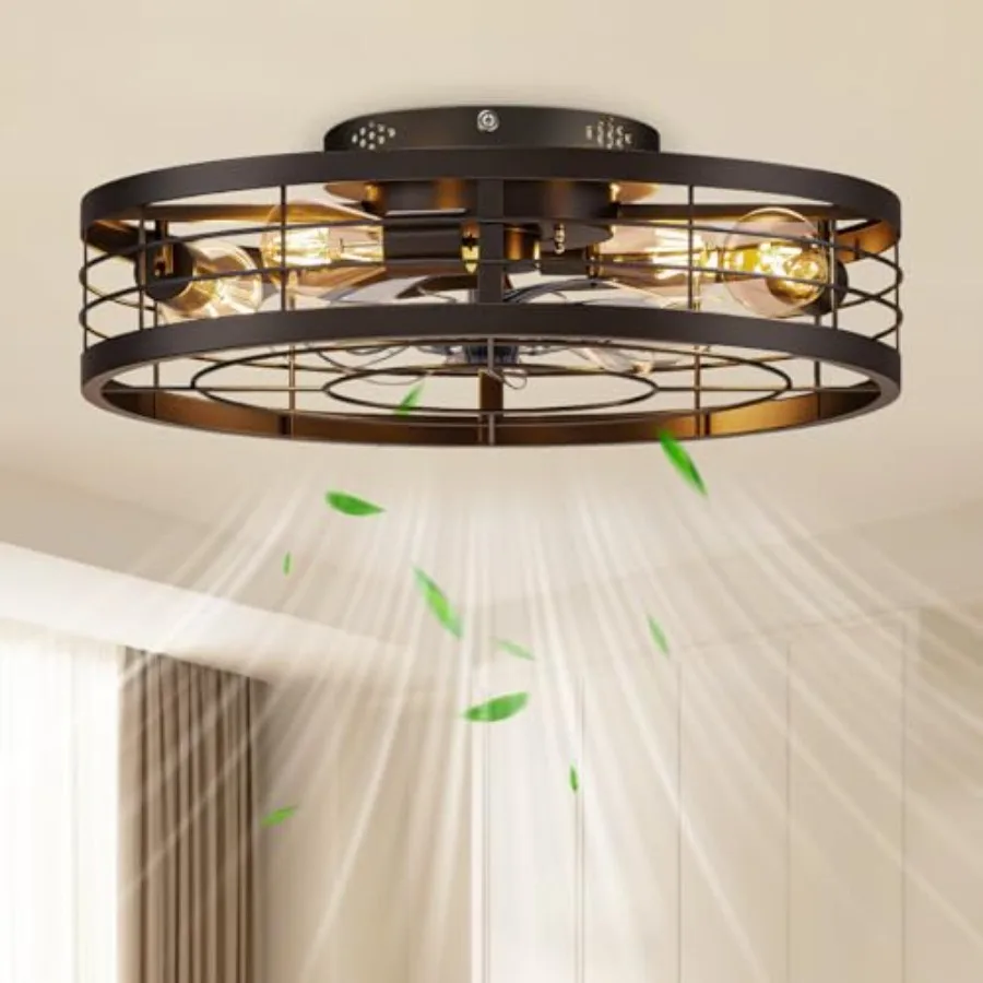 Farmhouse caged ceiling fan with light and remote, 19.7-inch flush-mount fandelier, bladeless design, black metal, integrated L
Farmhouse caged ceiling fan with light and remote, 19.7-inch flush-mount fandelier, bladeless design, black metal, integrated L