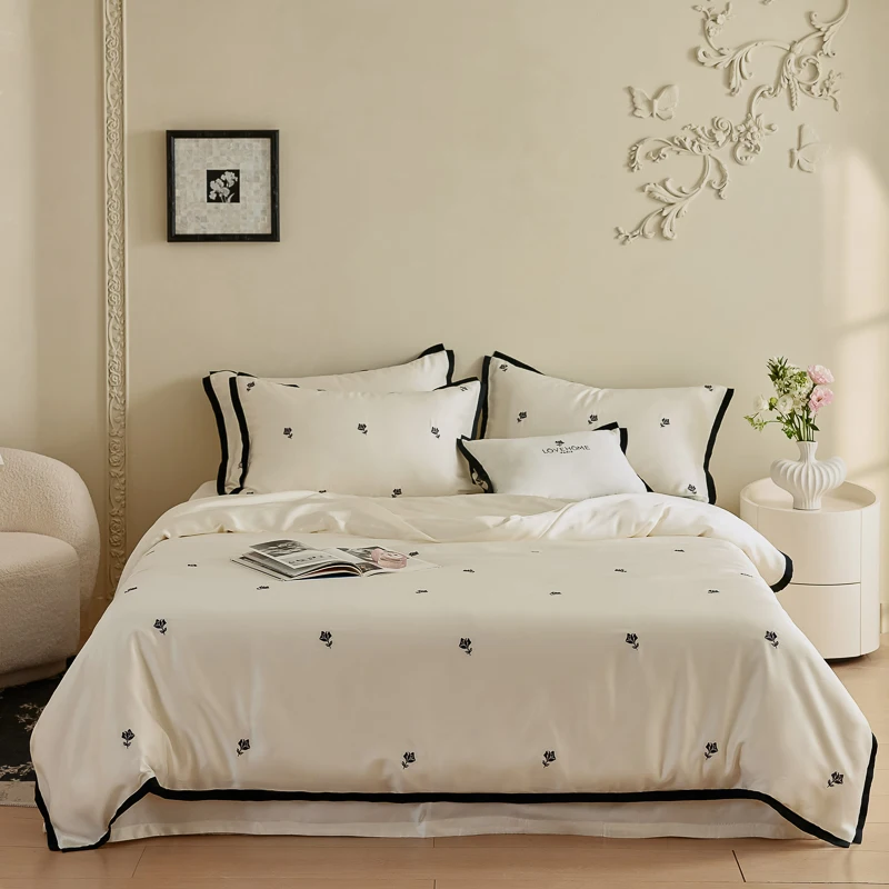 Lyocell Bamboo Fiber Silky Cool Feeling Sleeping Naked Bedding Set Black/Champagne Rose Embroidery Duvet Cover Bed Sheet Set
Lyocell Bamboo Fiber Silky Cool Feeling Sleeping Naked Bedding Set Black/Champagne Rose Embroidery Duvet Cover Bed Sheet Set