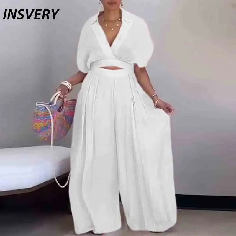 Summer Women's Set Turn Down Collar Short Sleeve Blouse Top And Wide Leg Pants Suit Women Casual 2 Piece Set 2025 
Summer Women's Set Turn Down Collar Short Sleeve Blouse Top And Wide Leg Pants Suit Women Casual 2 Piece Set 2025
