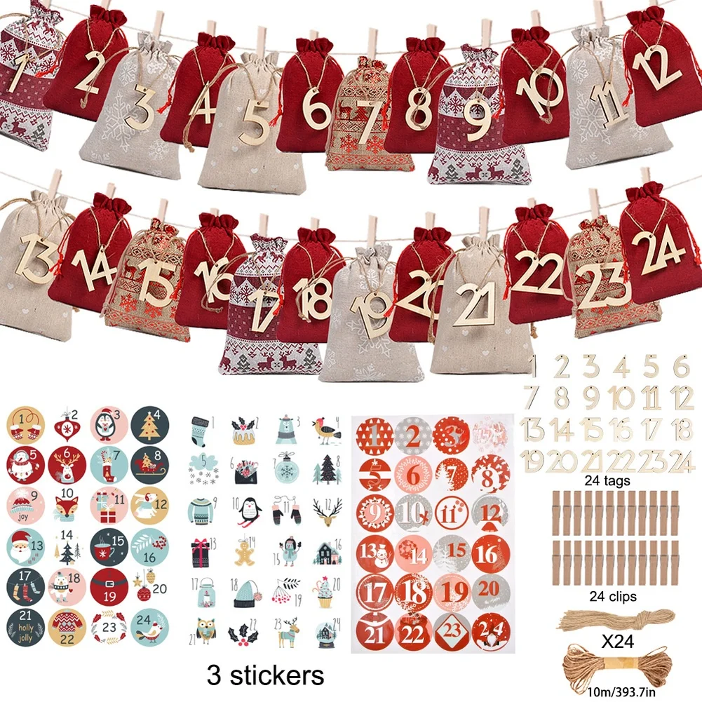 24 Piece Christmas Advent Drawstring Bag Set with Wooden Tags Clips Stickers 10 Meter Jute Rope for Festive Use
24 Piece Christmas Advent Drawstring Bag Set with Wooden Tags Clips Stickers 10 Meter Jute Rope for Festive Use