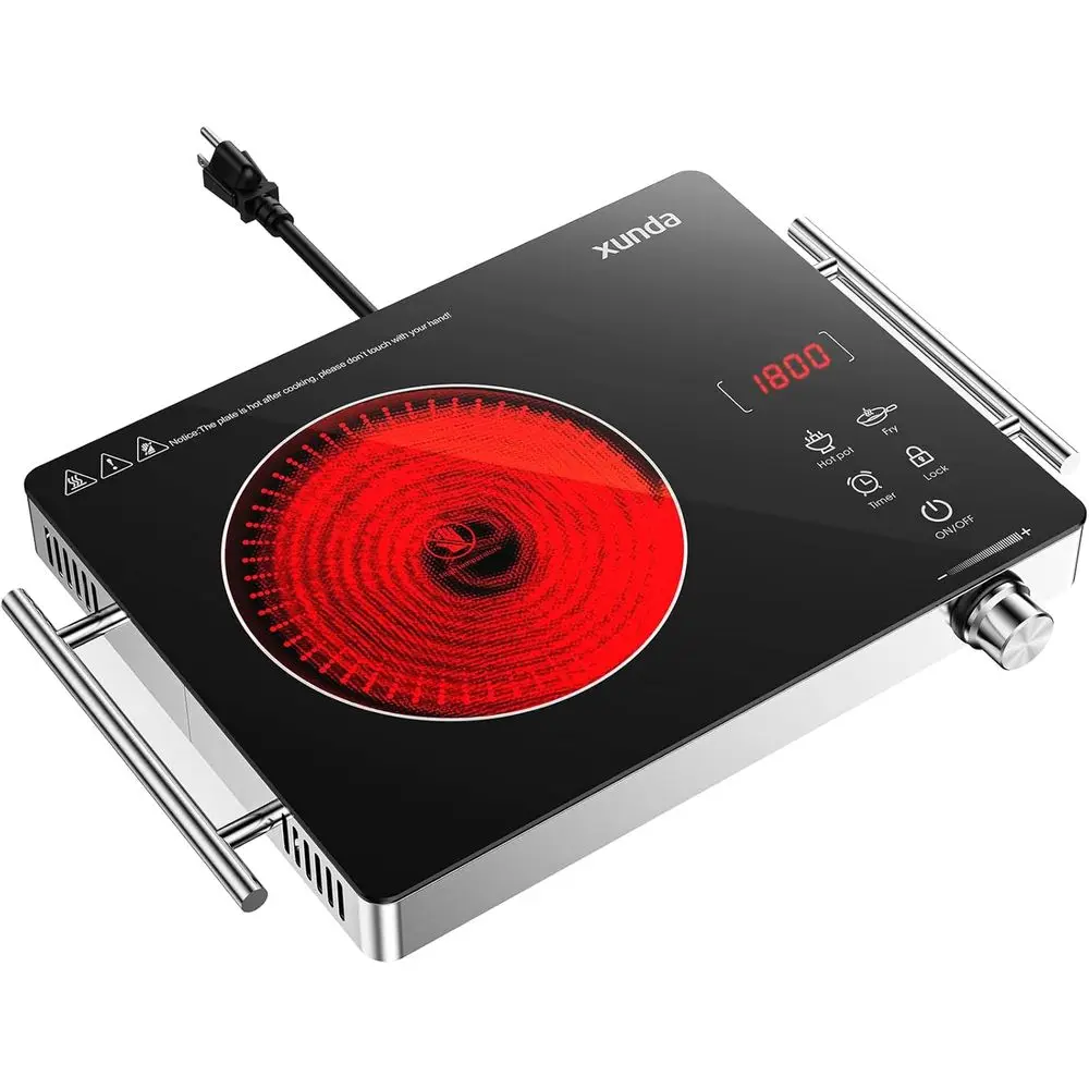 1800W Portable 110V Electric Burner with Carry Handle, Infrared Single Burner Cooktop, Touch & Knob Timer, Safety Lock (Black)
1800W Portable 110V Electric Burner with Carry Handle, Infrared Single Burner Cooktop, Touch & Knob Timer, Safety Lock (Black)
