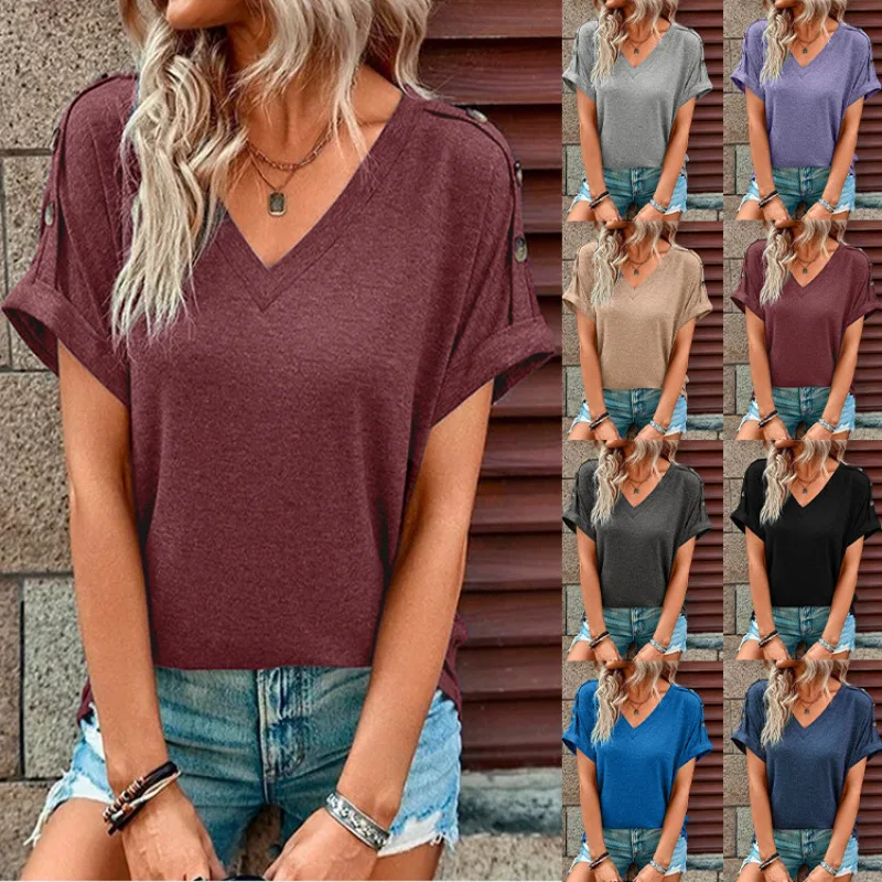 Women's Casual Summer Short Sleeve T-Shirt Ladies Tops Fashion Loose Solid Color V-Neck Button Shirts Female
Women's Casual Summer Short Sleeve T-Shirt Ladies Tops Fashion Loose Solid Color V-Neck Button Shirts Female