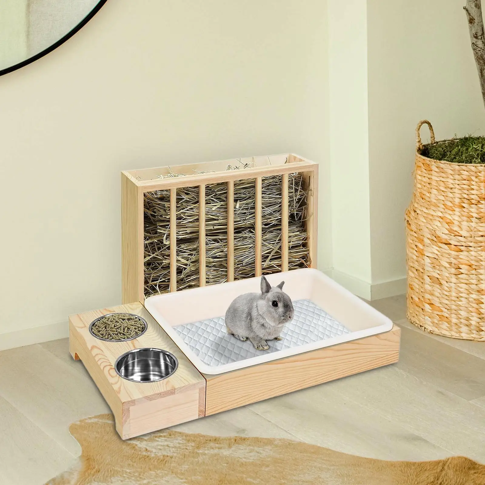 3 in 1 Wooden Bunny Hay Feeder Small Animal Hay Holder Rabbit Toilet Cage Accessories with Bowl for Guinea Pig Hamster Bunny
3 in 1 Wooden Bunny Hay Feeder Small Animal Hay Holder Rabbit Toilet Cage Accessories with Bowl for Guinea Pig Hamster Bunny