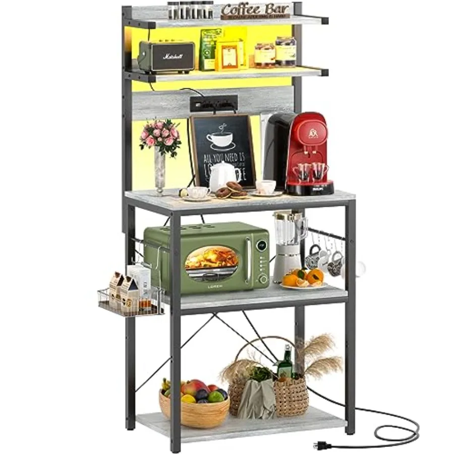 Kitchen Bakers Rack with Power Outlet and LED Lights 5-Tier White Oak Storage Shelf with 6 S-Hooks for Spices Pots and Pans Cof
Kitchen Bakers Rack with Power Outlet and LED Lights 5-Tier White Oak Storage Shelf with 6 S-Hooks for Spices Pots and Pans Cof