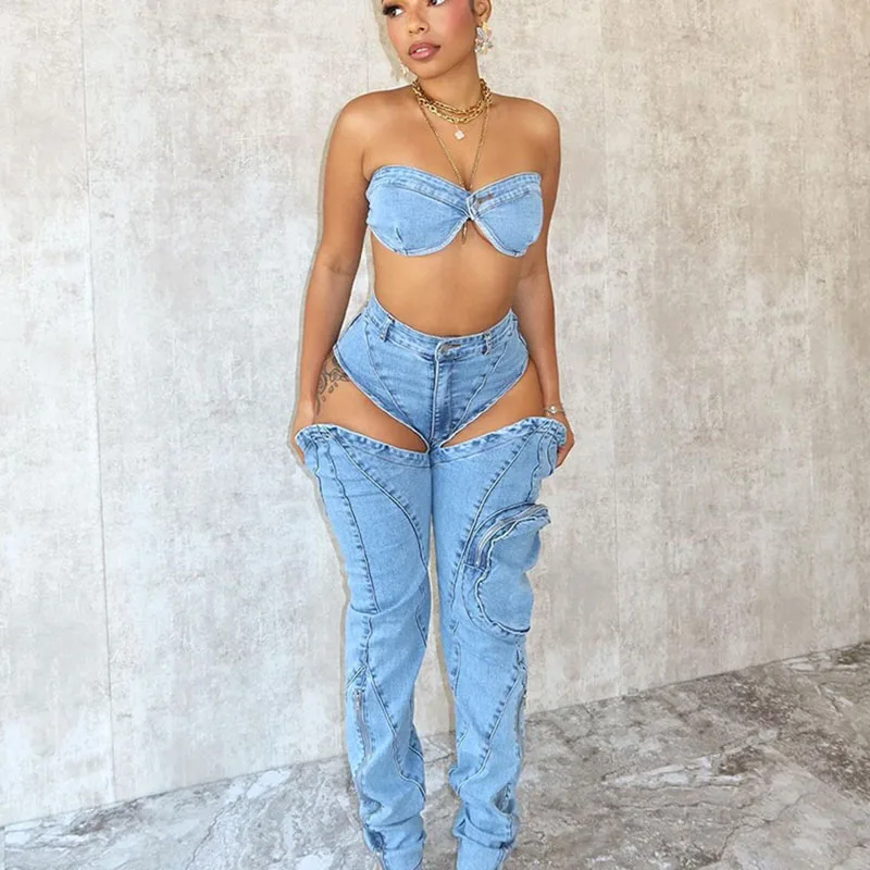 Sexy Denim Birthday Outfits for Women Two Piece Set Festival Rave Nightclub Party Crop Top and Cut Out Jean Pants Matching Sets
Sexy Denim Birthday Outfits for Women Two Piece Set Festival Rave Nightclub Party Crop Top and Cut Out Jean Pants Matching Sets
