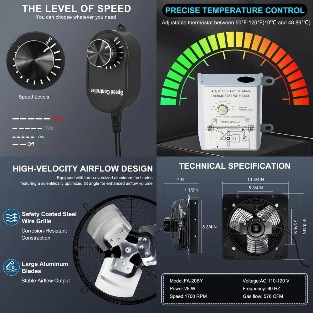7 Inch Wall-Mounted Exhaust Fan with Speed Control, 576 CFM, Adjustable Thermostat for Kitchen, Attic, Garage Ventilation
7 Inch Wall-Mounted Exhaust Fan with Speed Control, 576 CFM, Adjustable Thermostat for Kitchen, Attic, Garage Ventilation