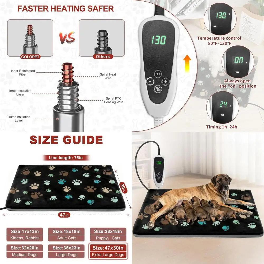 Jumbo Size Waterproof Dog Heating Pad, 47x30 inches, Smart Switch & Power Tube, MET & UL Certified
Jumbo Size Waterproof Dog Heating Pad, 47x30 inches, Smart Switch & Power Tube, MET & UL Certified