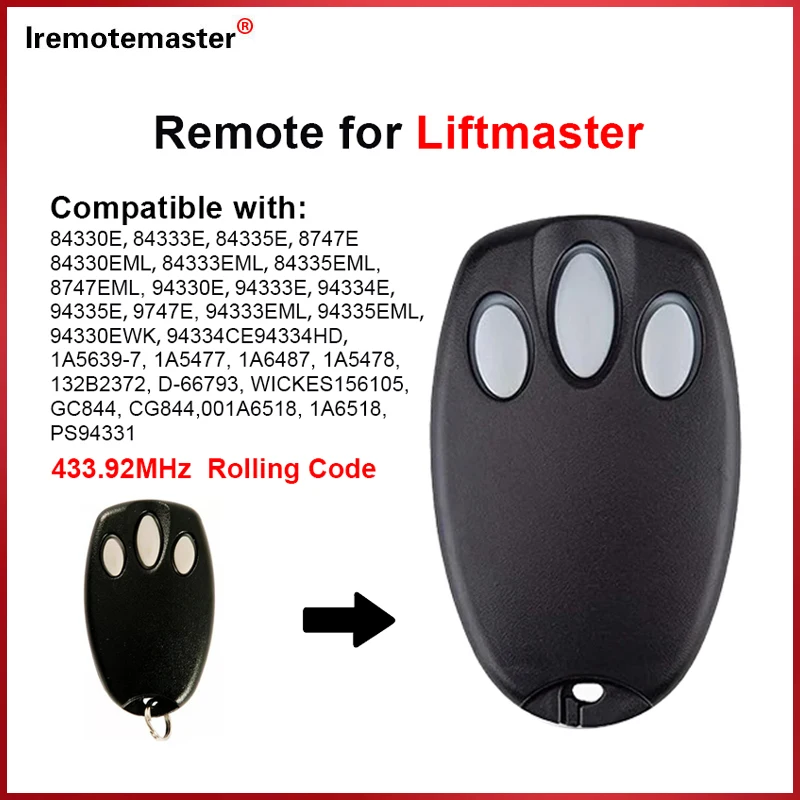 Для LiftMaster 94335E 84335E 94335EML 84335EML пульт дистанционного управления гаражными воротами 433,92 МГц подвижный код
Для LiftMaster 94335E 84335E 94335EML 84335EML пульт дистанционного управления гаражными воротами 433,92 МГц подвижный код
